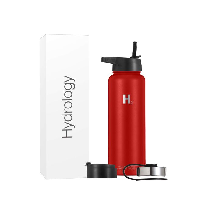 H2 Hydrology Water Bottle - 18 oz, 22 oz, 32 oz, 40 oz, or 64 oz with 3 LIDS Double Wall Vacuum Insulated Stainless Steel Wide Mouth Sports Hot & Cold Thermos (40 oz, Red)