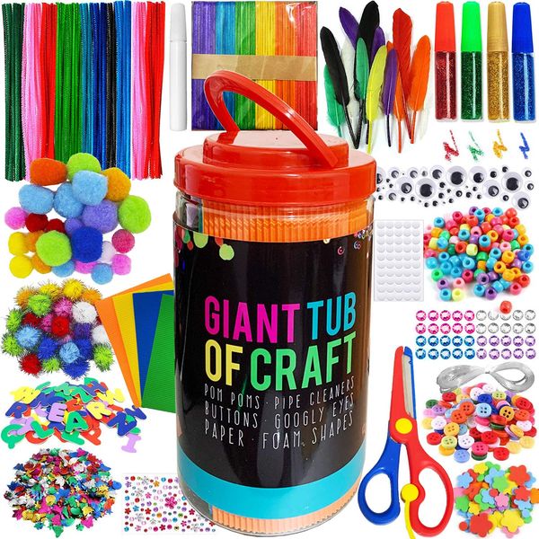 MOISO Kids Crafts and Art Supplies Jar Kit - 560+ Piece Set - Make Bracelets and Necklaces - Plus Glitter Glue, Construction Paper, Colored Popsicle Sticks, Eyes, Pipe Cleaners…