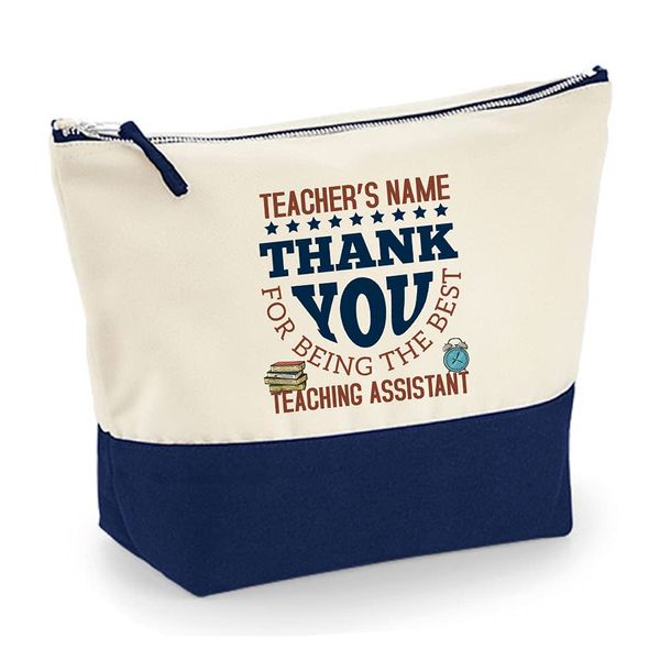 Personalised Thank you for Being the Best Teaching Assistant ANY NAME, Gift for Teachers, Appreciation, Retirement Gift, Teacher Survival Kit, Makeup Bag, Canvas Accessory Bag. (Natural Navy, L)
