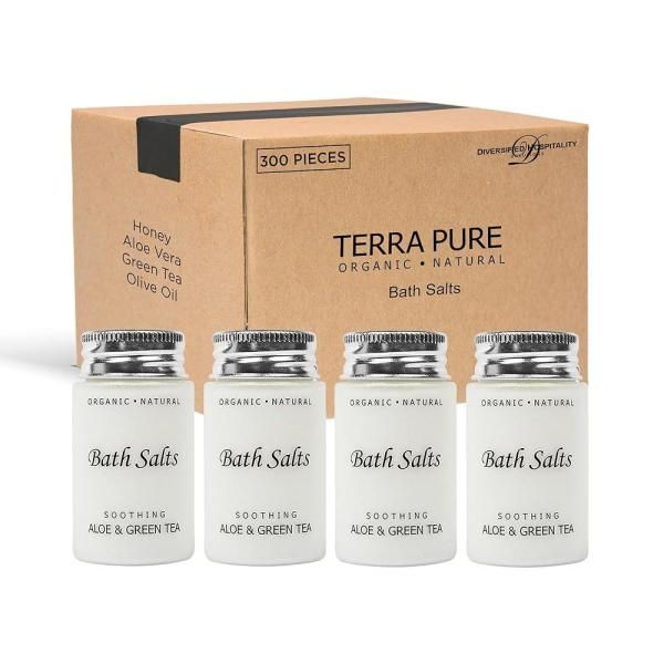 Terra Pure Bath (Case of 300) Soothing Aloe and Green Tea Salt, Disposable Hospitality/Travel Size Bottle 366107