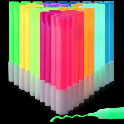 Dunzoom 30 Pcs Glow in The Dark Paint Pen 12 Colors x 10 ml Waterproof Acrylic Textile Paint Markers Neon Fabric Markers Fluorescent Acrylic Pens for Clothes Canvas T-shirt Art Supplies DIY