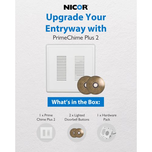 PrimeChime Plus 2 Electric Doorbell Kit - Doorbells for Home - Includes Selectable Ring Chimes - Stucco Button, Antique Brass - NICOR Lighting