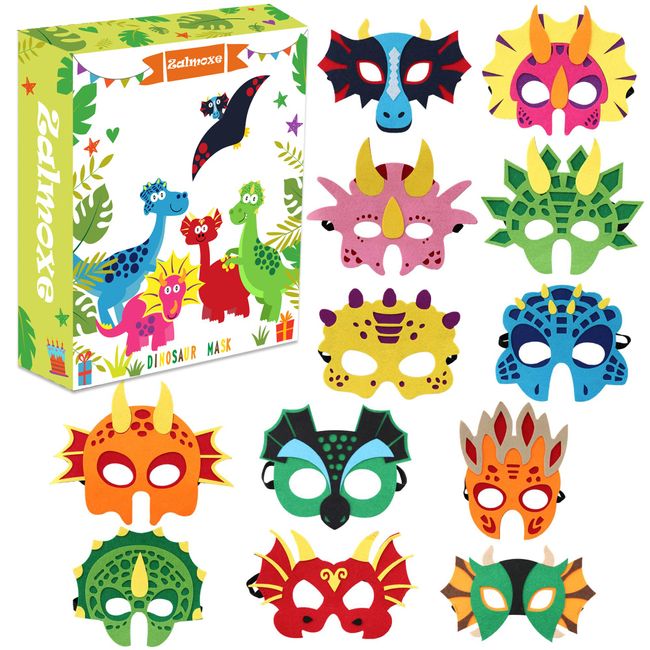 Zalmoxe Felt Dinosaur Masks Dino Mask Birthday Party Supplies Decorations Dinosaur Toys Kids Halloween Party Mask for Boys Girls(12Pcs)