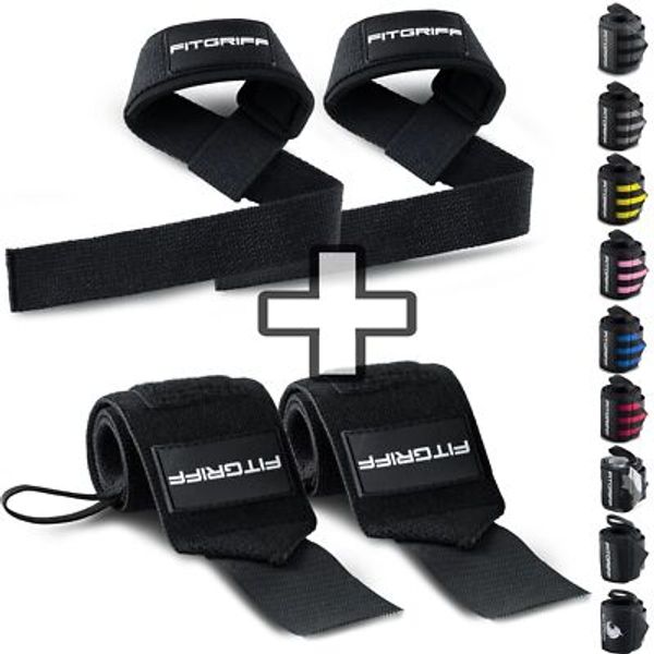 Lifting Straps & Wrist Wraps Bundle for Weightlifting Gym Workouts Full Black