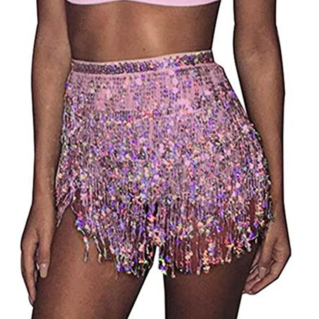 Ushiny Damen Rock Pailletten Quasten Rock Rave Rock Bauchtanz Kostüm Bauchtanz Mini Rock für Damen und Mädchen