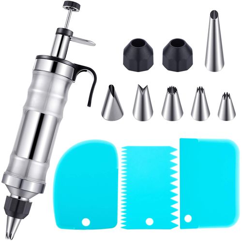 Patelai Cake Decorating Syringe Set, Stainless Steels Dessert Frosting Piping Kit with 6 Icing Piping Tips 3 Cream Scraper for Cupcake Decorating Tools(Black, Blue)