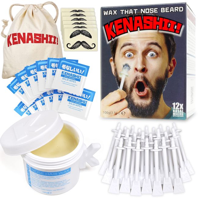 Nose Wax Kit | 100 g Wax, 24 Applicators | The Original and Best Nose and Ear Hair Removal Kit from Kenashii | Nasal Waxing For Men and Women | 12 Applications | 12 Balm Wipes | 12 Mustache Guards