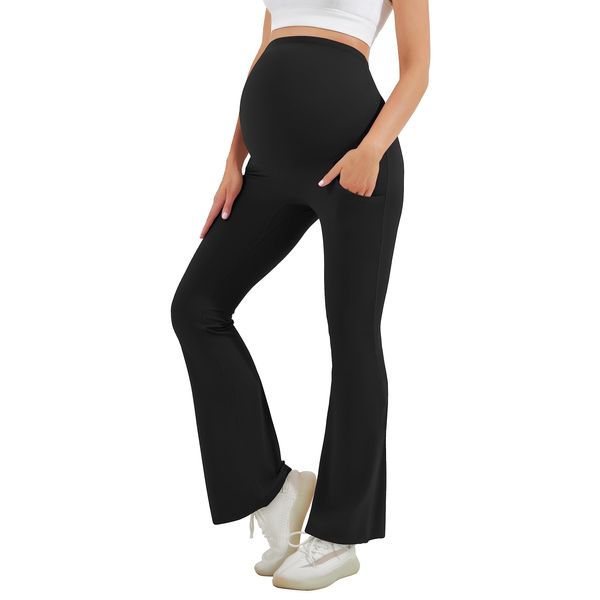 HEGALY Women's Maternity Flare Leggings Over The Belly - Casual Pregnancy Yoga Pants with Pockets Buttery Soft Black