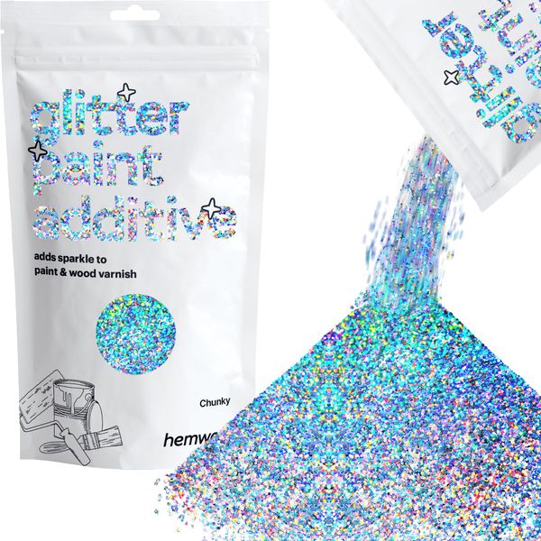 Hemway Glitter Paint Additive 100g / 3.5oz Crystals for Acrylic Emulsion Paint - Interior Wall, Furniture, Ceiling, Wood, Varnish, Matte - Chunky (1/40" 0.025" 0.6mm) - Silver Holographic