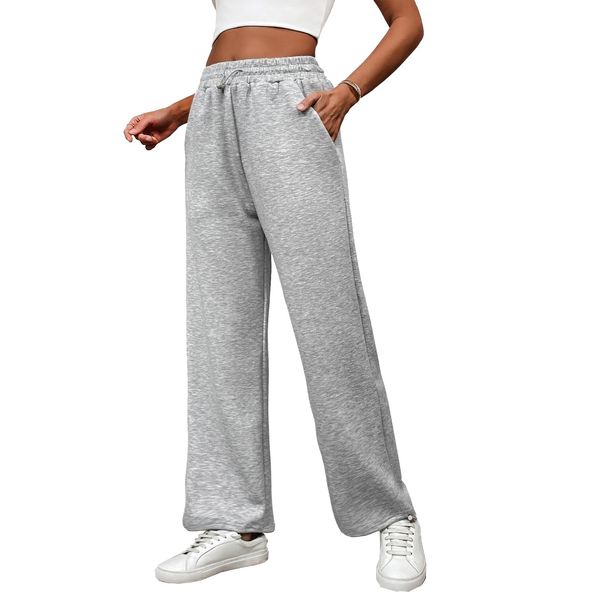 PINSPARK Jogginghose Damen Freizeithose Yogahose Weites Bein Aktive Outdoor Sporthose Lang Laufhose Mit Kordelzug Training Sweatpants Hellgrau M