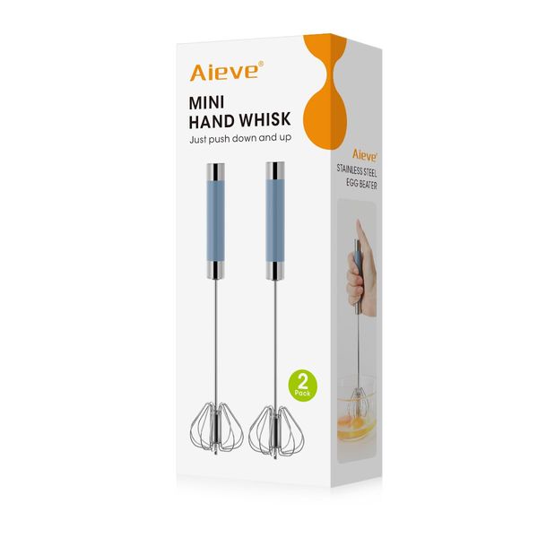 Aieve 2 Pack Hand Push Whisk, Stainless Steel Egg Whisk Whizzy Whisk Push Whisk Egg Beater Milk Frother Mini Hand Whisk Semi Automatic Whisk for Whisking, Beating, Stirring