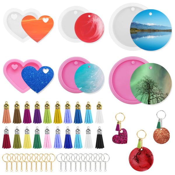 AIFUDA 46 Pcs Resin Silicone Moulds for Keychain Charms, 6Pcs Love Round Key Chain Molds with 20 Pcs Key Rings Keychain Tassels for DIY Decoration