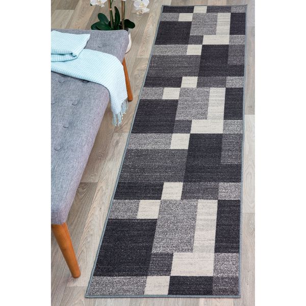 Rugshop Rugs Runners Modern Boxes Design Non-slip Rugs for Kitchen 2x10 Gray Rug