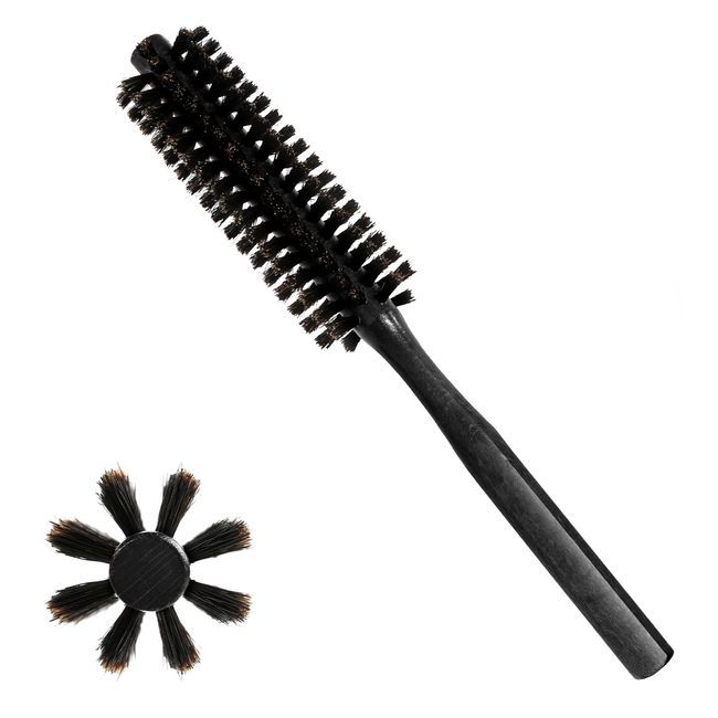 Boars Hair Round Brush, Mini Round Brush, Small Hair Bush for Small Round Brush for Blow Drying, Curling Brush for Short Hair, Small Beard Brush Round Bristle Brush Black