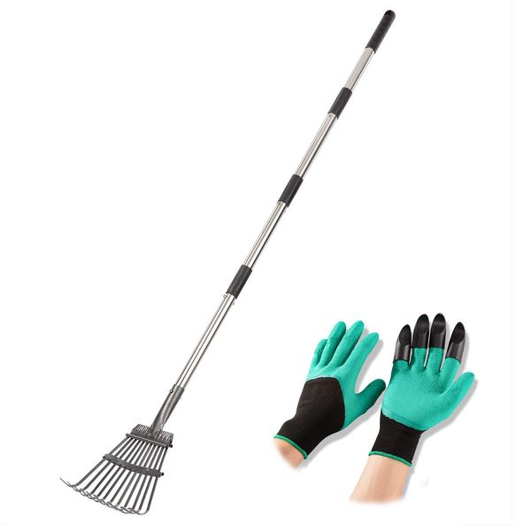 Yangbaga Metal Garden Leaf Rake，30.7”-51”Adjustable Lawn Rake 8.7" Wide Lightweight Steel Handle with Plastic Head for Gardeners/ Kids, Leaf Camp Rake with Garden Digging Gloves