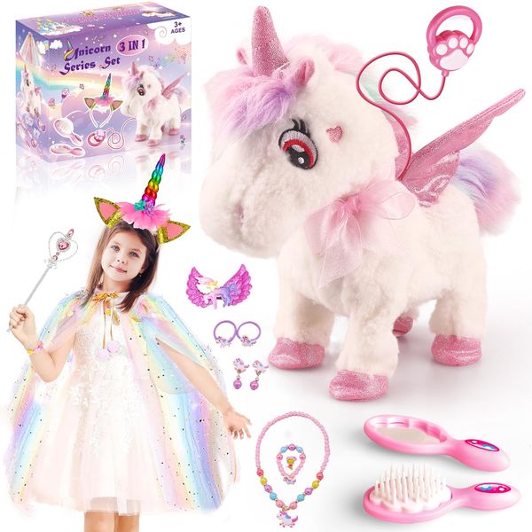 Dollox Electronic Unicorn Pets Toys for Girls Age 3-6, Interactive Walking Talking Unicorn Plush Horse with Remote Control, Toddler Unicorn Pretend Play Toy with Dress-Up Jewelry Set Kid Birthday Gift