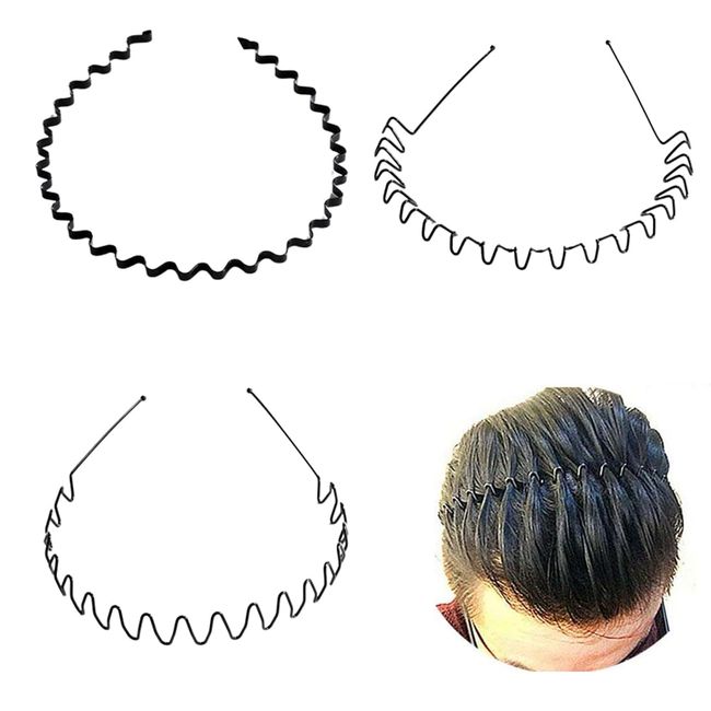 OSUWLSI 3 Stück Metall Haarband, Welle Haarreif Männer Damen mit Rutschfesten Zähnen, Schwarz rutschfeste Elastisches Mode Haarreif Haarstyling Zubehör für Sport, Fitness, tägliches Make-up (Schwarz)