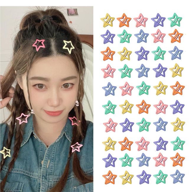 Auony 50 Pcs Hollow Star Hair Clips, Y2K Silver Star Snap Hair Clips Metal Snap Barrettes Hair Accessories with Clear Pouch Bag for Women Girls