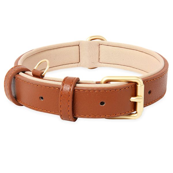 HEELE Soft Leather Dog Collar Medium Dogs Breathable Padded with D Ring, Adjustable Classic Dog Pet Collar, Brown, M