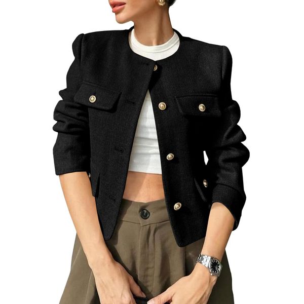 Cicy Bell Womens Cropped Tweed Blazer Jackets Collarless Button Down Business Casual Outfits with Pockets Black