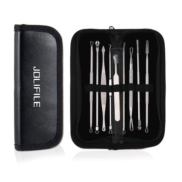 JOLIFILE Pimple Popper Tool, 9PCs Spot Popper Comedone Blackhead Remover Kits with Curved Tweezers and Pimple Popper Spot Remover for Facial Skin