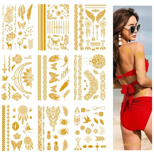 9 Fogli Metallico Tatuaggio Temporaneo, Tattoo Impermeabile Adesivi di Oro, Temporaneo Festival Tattoo Stickers per Donne Uomo e Bambini Spiaggia, Festival Musicali e Feste