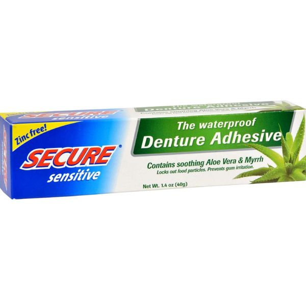 Secure Sensitive Gums Waterproof Denture Adhesive Zinc Free with Aloe Vera & Myrrh - Extra Strong 12 Hour Hold - 1.4 oz