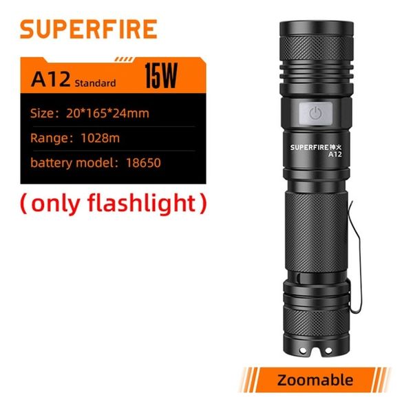 Flashlight USB Rechargeable Portable SUPERFIRE A12 Zoom Flashlight 15W 18650 USB-C Rechargeable Camping Fishing Torch Lantern 2022, A12 Only Flashlight