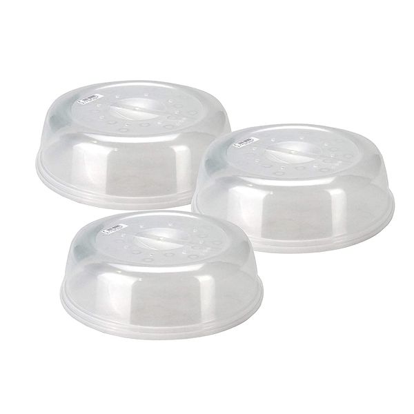 Set of 3 Microwave Food Plate Dish Cover 26cm Plastic Transparent Ventilated Microwave Splatter Splash Guard Cover with Air Vents Kitchen Cooking, Dishwasher Safe, BPA Free, 26cm