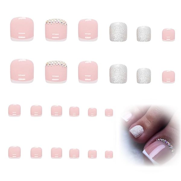 24Pcs French Square False Toenails, 12 Sizes Press on Fake Toenails, Glossy Rhinestones Nude Glitter Stick on Toenails, with Glue Sticker Nails for Toe for Women and Girls Fashion