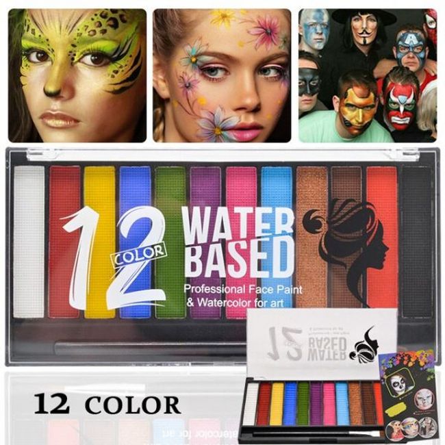 Face Painting 12 Colors Face Body Water-Based Paint Safe Flash Tattoo Art Halloween Party Makeup Cosplay Palette