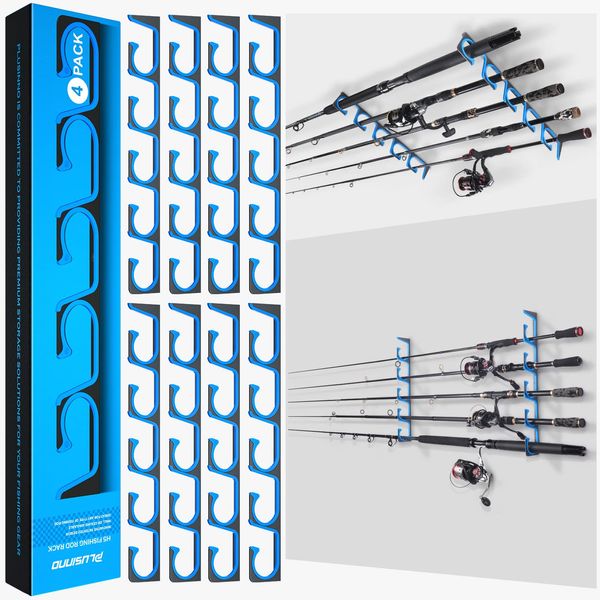 PLUSINNO 4PACK H5 Horizontal Fishing Rod/Pole Holders for Garage, Wall or Ceiling Mounted Fishing Rod Rack, Aviation Aluminum Fishing Pole Holder Holds up to 20 Rod or Combos or Nets Storage Racks