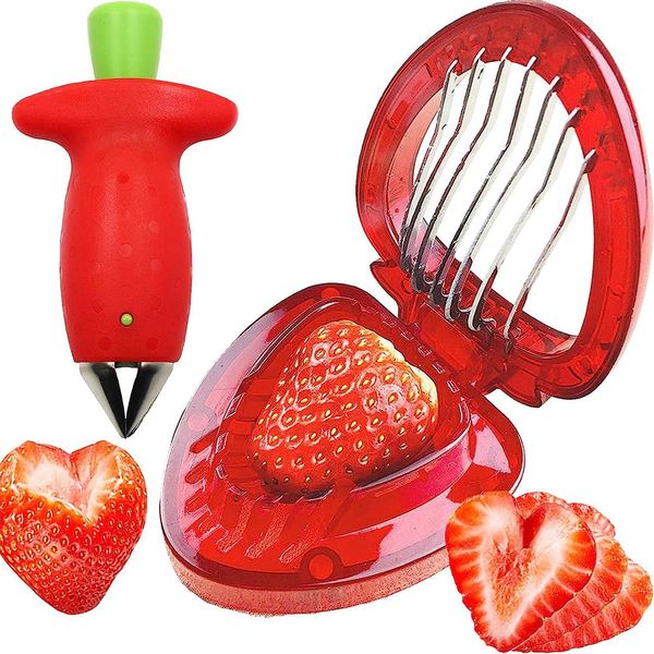 2 Pieces Strawberry Slicer, Strawberry Huller, Cherry Fruit Vegetable Strawberry Stem and Leaf Remover, Strawberry Slicer Kitchen Gadget Fruit Slicer for Baking and Jam Making