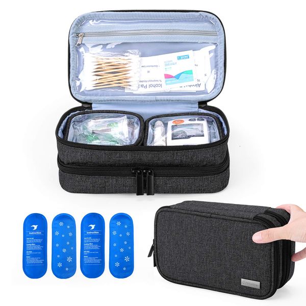 Yarwo Insulin Cooler Travel Case, Double-Layer Diabetic Travel Case with 4 Ice Packs, Diabetic Supplies Organiser for Insulin Pens, Blood Glucose Monitors or Other Diabetes Supplies, Black