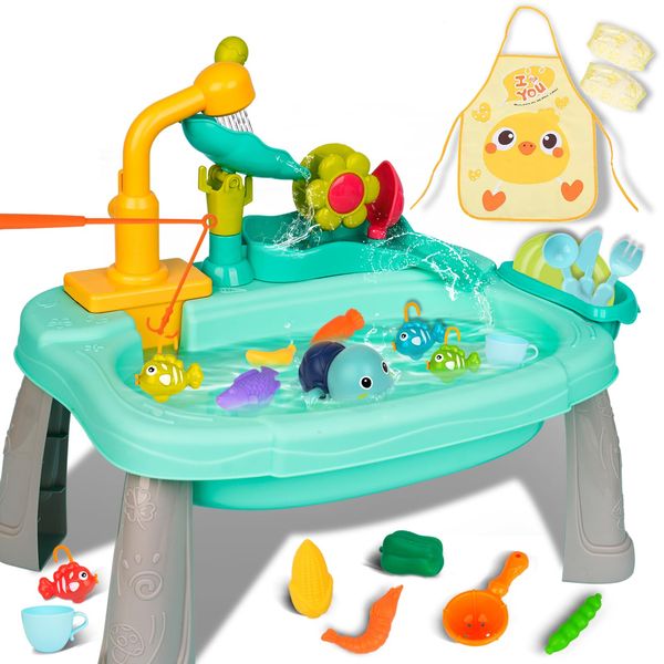 STBEIMEIMY Kids Play Sink with Running Water,Mini Water Table for Toddlers 1-3, Upgraded Faucet and Play Dishes,Children Electric Dishwasher Playing Toy,Kitchen Sensory Toy Sets for Girls and Boys