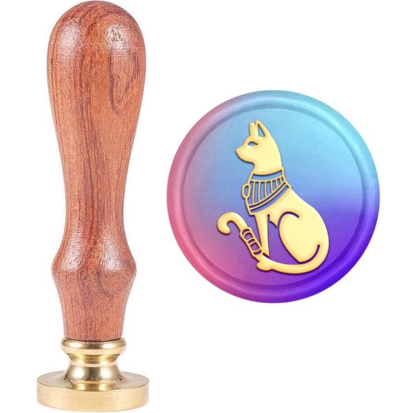 MAYJOYDIY Wachssiegel-Stempel mit ägyptische Katze 30 mm Durchmesser Wachsstempel für Buchstaben Siegel Messing Stempelkopf Holzgriff personalisierbar für Hochzeit Einladung Siegelstempel
