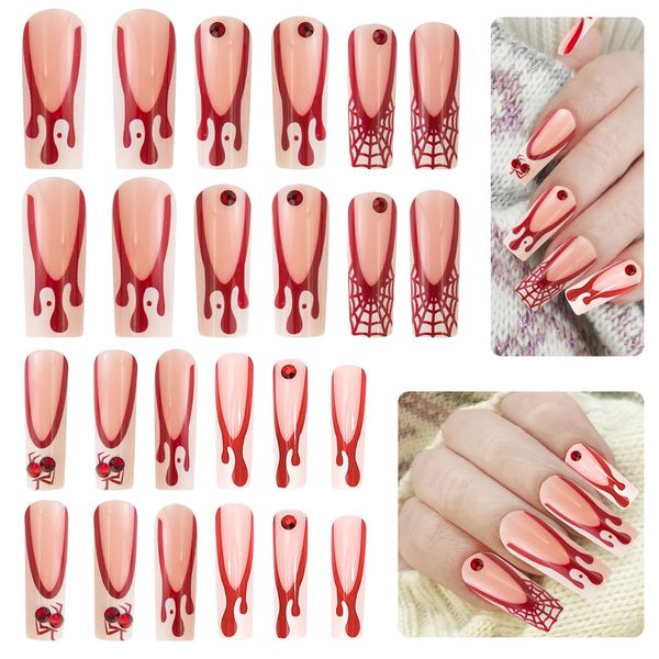 Halloween Fake Nails, 24 Pcs Halloween Coffin Press on Nails Acrylic Press on Nails No Glue Red Blood Tear Drop False Nails for Women Girls Nail Art Cosplay Decoration A3HRZZ