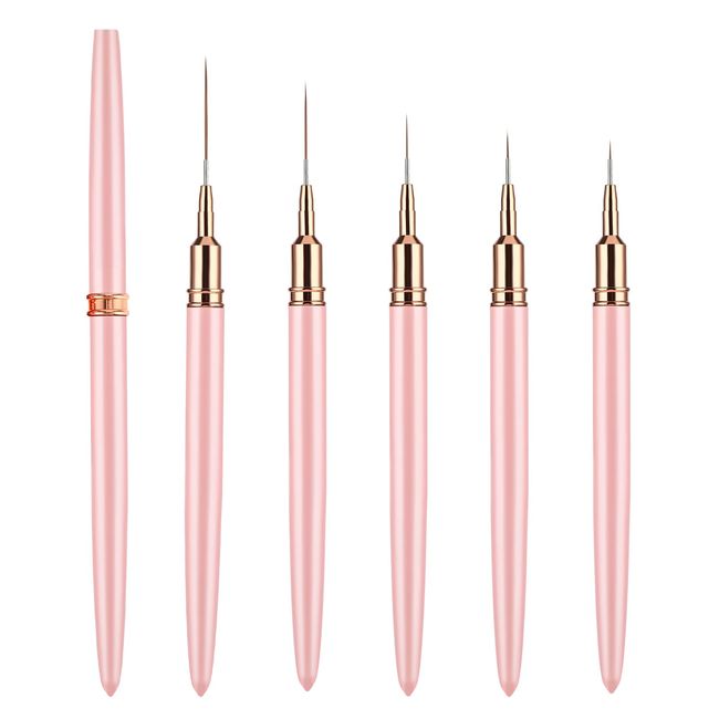 Amabro 5Pcs Nail Art Brushes, 4/8/12/20/25mm Liner Brushes Thin Nail Detail Brush Set French Tips Fine Nail Art Pen Pink Nail Art Design Tool for Nail Gel Polish Dotting Painting Drawing Long Lines