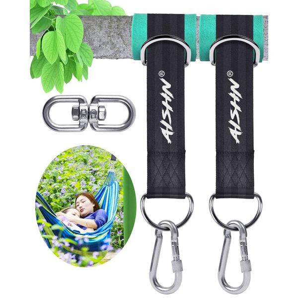 AISHN Tree Swing Straps Hanging Kit, Adjustable Hammock Straps(Set of 2), 2200Lbs Break Strength. 5ft Long with Tree Protector Sleeves, Swivel Strong Stainless Hook, Rustproof Screw Lock Carabiners