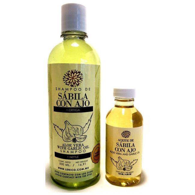 Shampoo de Sabila con Ajo y Ortiga 500 ml y Aceite de Sabila con Ajo 4.06 Oz.