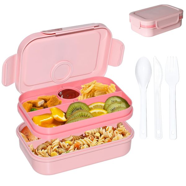 TOPESCT Lunch Box with Compartments & Cutlery for Salads Snack Sauce, 2 Tiers Stackable Lunchbox Microwave Dishwasher Freezer Safe, Food Container for Meal Prep