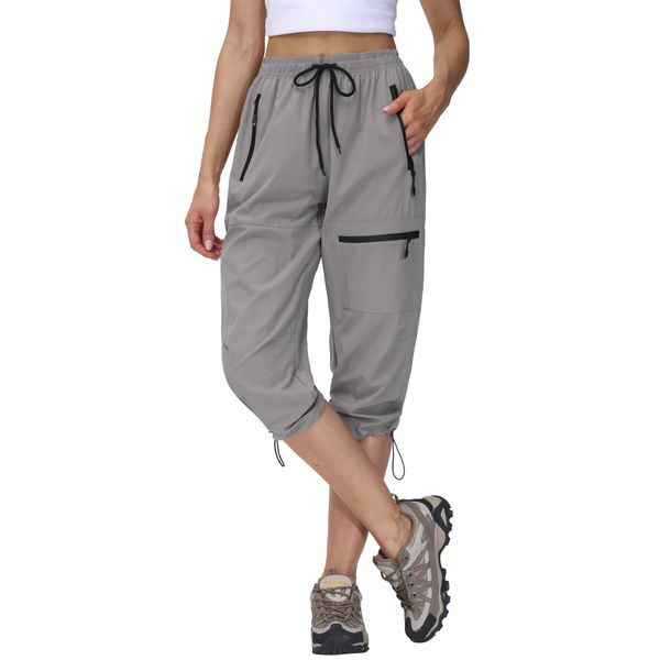 Butrends Damen Wanderhose Sommer Leichter Jogger Caprihose Atmungsaktive Outdoorhose 3/4 Cargohose Schnell Trocknend Trekkinghose mit Reißverschlusstaschen Hellgrau, L