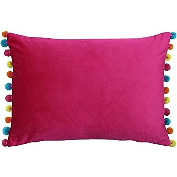 Riva Paoletti Fiesta Rectangular Cushion Cover Multicoloured Pompom Edges-Soft Velvet Fabric-Reversible-Zip Closure-100% Polyester-35 x 50cm (14" x 20" inches), Polyester, Hot Pink/Multi, 35 x 50cm