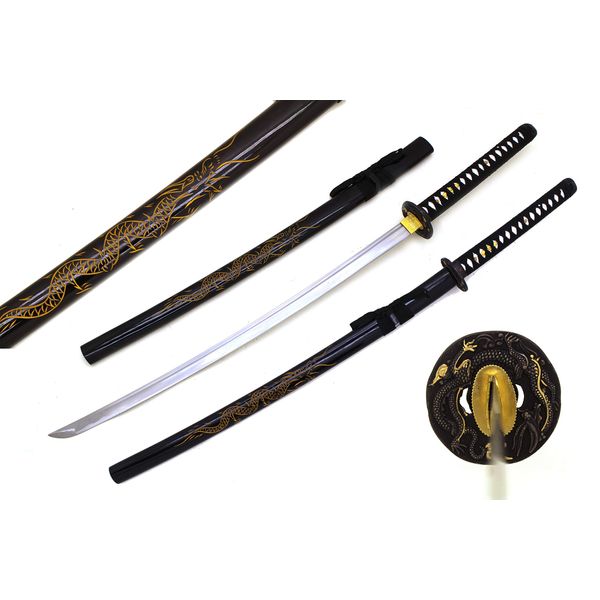 Snake Eye Tactical Classic Handmade Samurai Sharp Sword Heavy Real Martial Arts Sword Carved Yellow Dragon Etching Scabbard (Black)