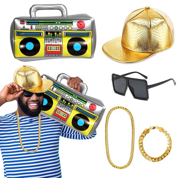 JORAKI 80s/90s Hip Hop Costume Kit Cool Rapper Outfits Accessories with Hip Hop Hat, Inflatable Radio Box, Gold Chain, Gold Bracelet and DJ Sunglasses Party Favors 80s 90s Party Theme Décor