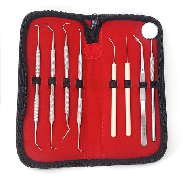 8 Pcs Oral Hygiene Kit Plaque Remover Professional Dental Picks for Teeth, Scraper, Serrated Tweezers, Mouth Mirror, Double Ended Picks for Gum Care Cleaning Set - Stainless Steel with Carrying Case