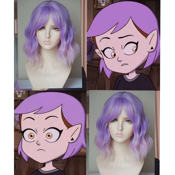 Short WavyPurple wig Amity costume wig the owl house synthetic hair wig with bangs14 inches wig for Women and Girl (Purple ombre pink)