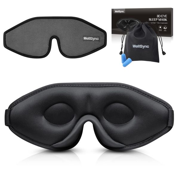 WellSync Sleep Eye Mask, 3D Contoured Cup Sleeping Mask Blindfold, Eye Covers with Adjustable Strap, Block Out Light, Breathable & Soft for Traveling, Nap,Camping Yoga, includes Ear Plugs(Gray)