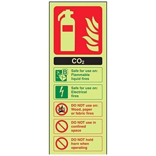 VSafety Glow In The Dark Co2 Id Fire Extinguisher Sign - 75mm x 200mm - Rigid Plastic