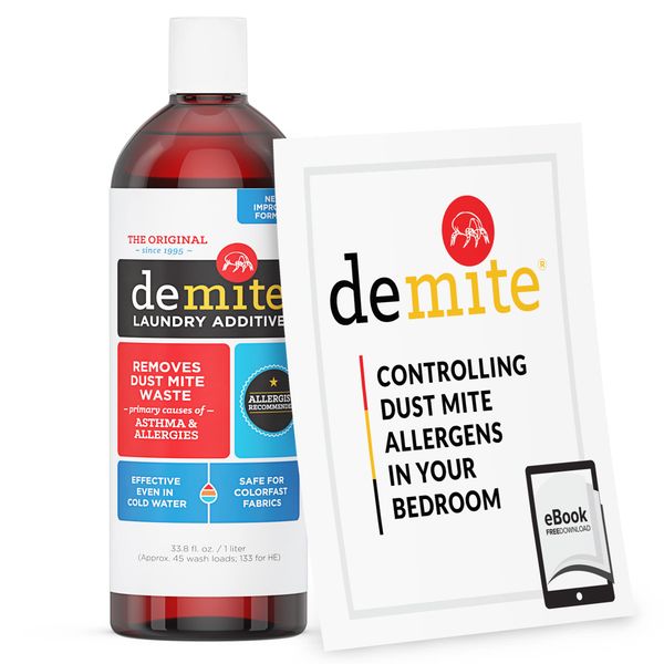 DeMite Laundry Additive - Dust Mite Waste Remover for Allergy Relief, Treatment for Bedding & Clothes, Safe for Children & Pets, Fragrance-Free Gentle Formula, Use with Any Laundry Detergent, 1 Liter